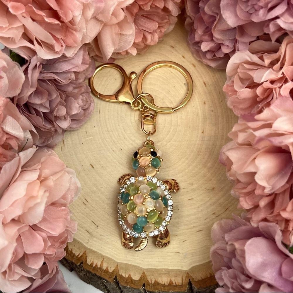 Gorgeous Crystal and Beaded Pastel Turtle Keychain Charm - Picture 5 of 16